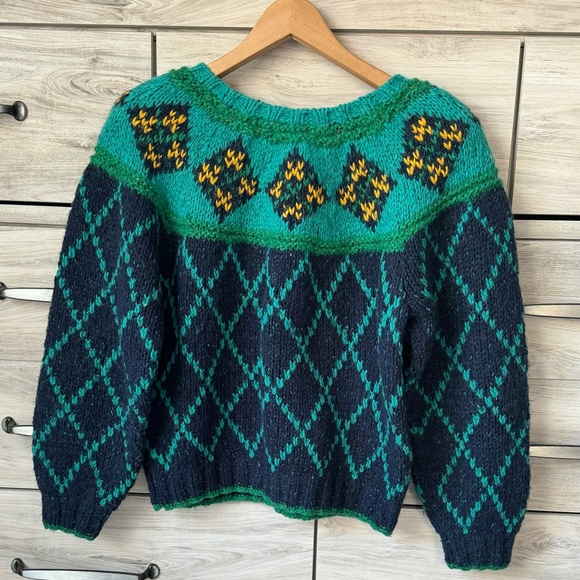 VTG 90’s Liz Sport chunky wool Sweater Green Cropped Checkered Balloon Sleeve S - Picture 4 of 11